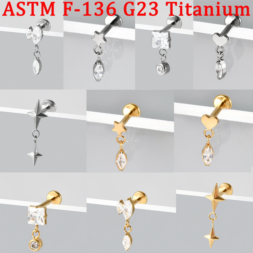 Body Jewelry Implants - ต่างหูไทเทเนียม F-136 แบบห้อยประดับเพชรทรงกากบาท/รูปหัวใจ/ดาว/รูปทรงเรขาคณิต สำหรับเจาะหู/ริมฝีปาก/จมูก/กระดูกอ่อน/หูหอย/หูพับ จำนวน 1