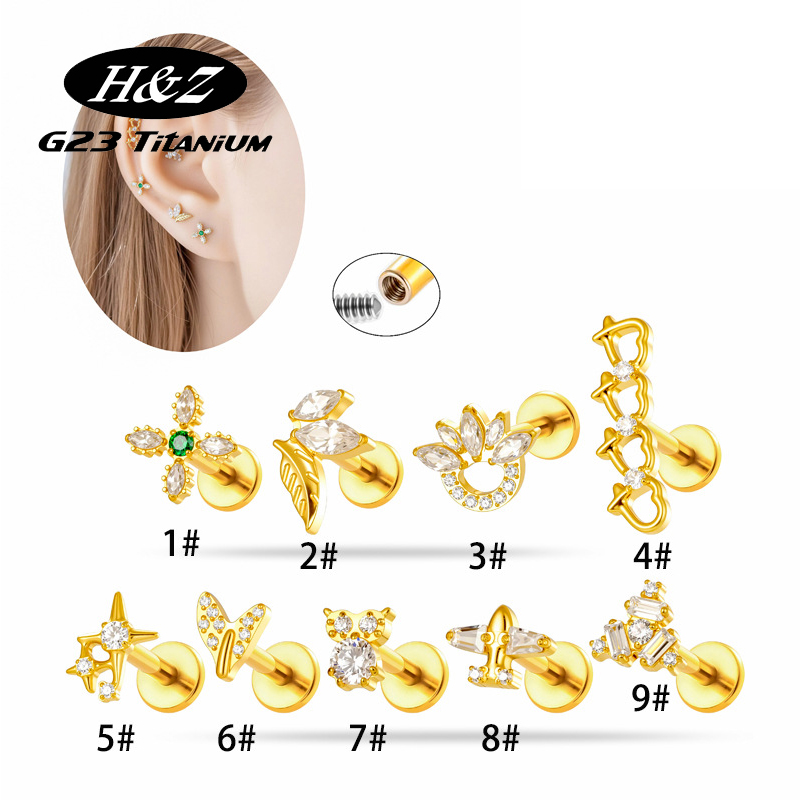 Body Jewelry Implants - ต่างหูไทเทเนียม G23 ขนาด 16G รูปดอกไม้ประดับเพชร CZ