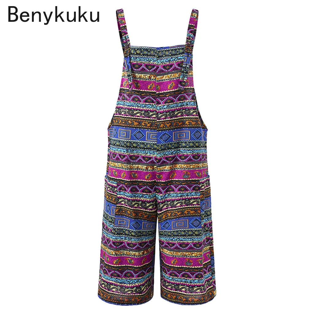 Body Jewelry Plus - โบฮีเมียนลายผู้หญิง Overalls Vintage พิมพ์กางเกงขากว้าง 2025 ผ้าฝ้ายลินินยาวเสื้อผ้าฤดูร้อน