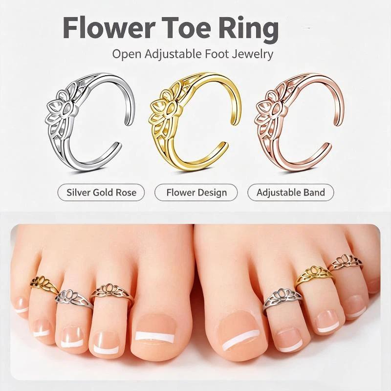 Body Jewelry Rings - แหวนนิ้วเท้าดีไซน์ดอกบัวแบบปรับได้ กันน้ำ ทำจากสแตนเลส เหมาะสำหรับใส่ไปชายหาดในฤดูร้อนและใช้ในชีวิตประจำวันสำหรับผู้หญิง