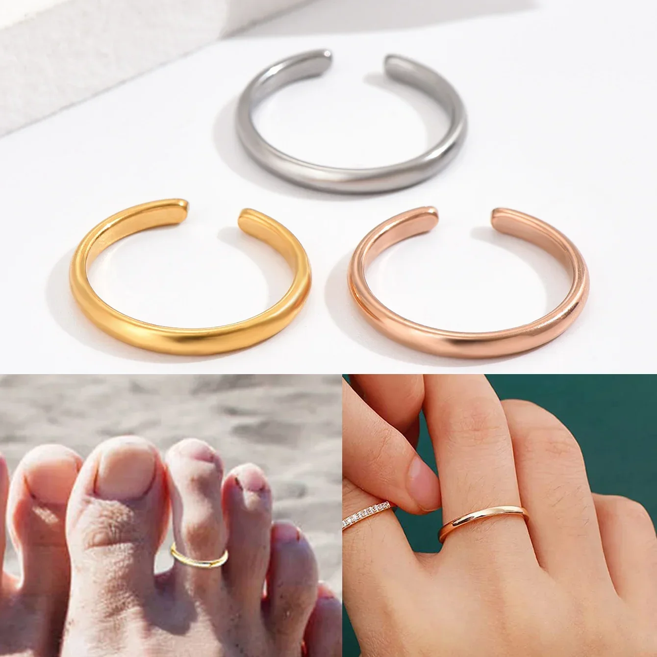 Body Jewelry Rings - แหวนนิ้วเท้า 1 ชิ้นสำหรับผู้หญิง สแตนเลสปรับขนาดได้ ลายดาวและพระจันทร์เรียบง่าย แหวนนิ้วเท้าสำหรับฤดูร้อน
