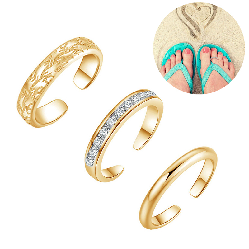 Body Jewelry Rings - แหวนนิ้วเท้าผู้หญิงชุดทรีโอชุบทอง 18K ปรับขนาดได้ ดีไซน์ดอกไม้สำหรับเครื่องประดับชายหาด