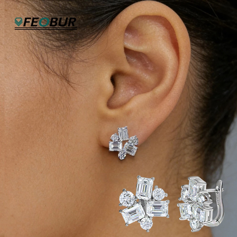 Cluster Stud Ear - ต่างหูมอสซาไนต์ทรงบาแกตต์และทรงกลม 8.2 กะรัต สำหรับผู้หญิง เงินแท้ 925