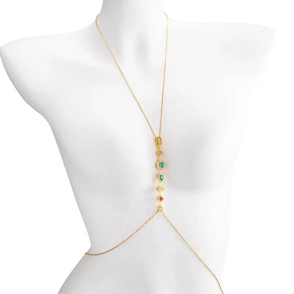 Body Jewelry Waist Chains - พูรุย สร้อยคอและสร้อยเอวสแตนเลสประดับเพทายหลากสีสัน สำหรับผู้หญิง ฤดูร้อน เซ็กซี่ ใส่กับบิกินี่