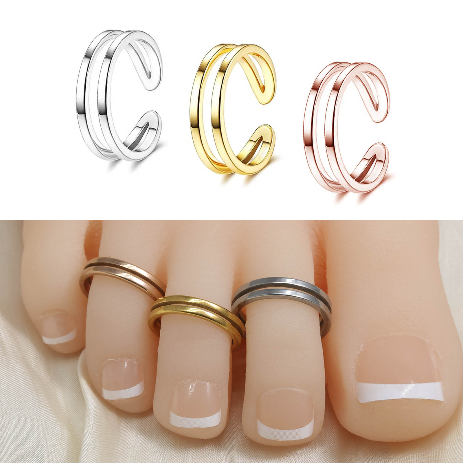 Body Jewelry Rings - แหวนนิ้วเท้าแบบปรับได้สองชั้น ทำจากสแตนเลส 316L ดีไซน์เรียบง่าย แหวนเปิดสำหรับผู้หญิงและเด็กผู้หญิง เครื่องประดับชายหาด