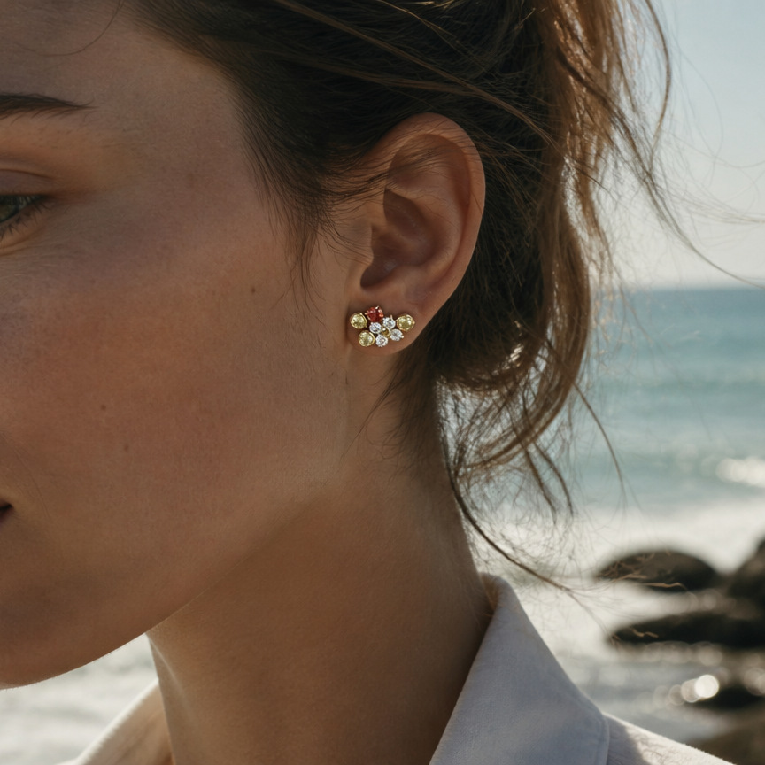 Cluster Stud Ear - ต่างหูสแตนเลสประดับเซอร์คอนสำหรับผู้หญิง ชุบทอง 18K ประดับเพชร CZ หลากสี