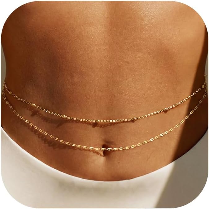 Body Jewelry Gold Plated - โซ่คาดเอวชุบทอง 14K สำหรับผู้หญิง แบบหลายชั้น ประดับลูกปัดทอง สายคาดเอวแบบโซ่