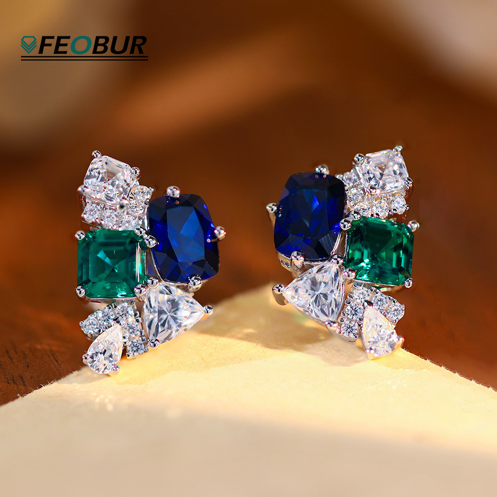 3.2cttw แล็บแซฟไฟร์ เอมเมอรัลด - Cluster Stud Ear บทวิจารณ์และราคา